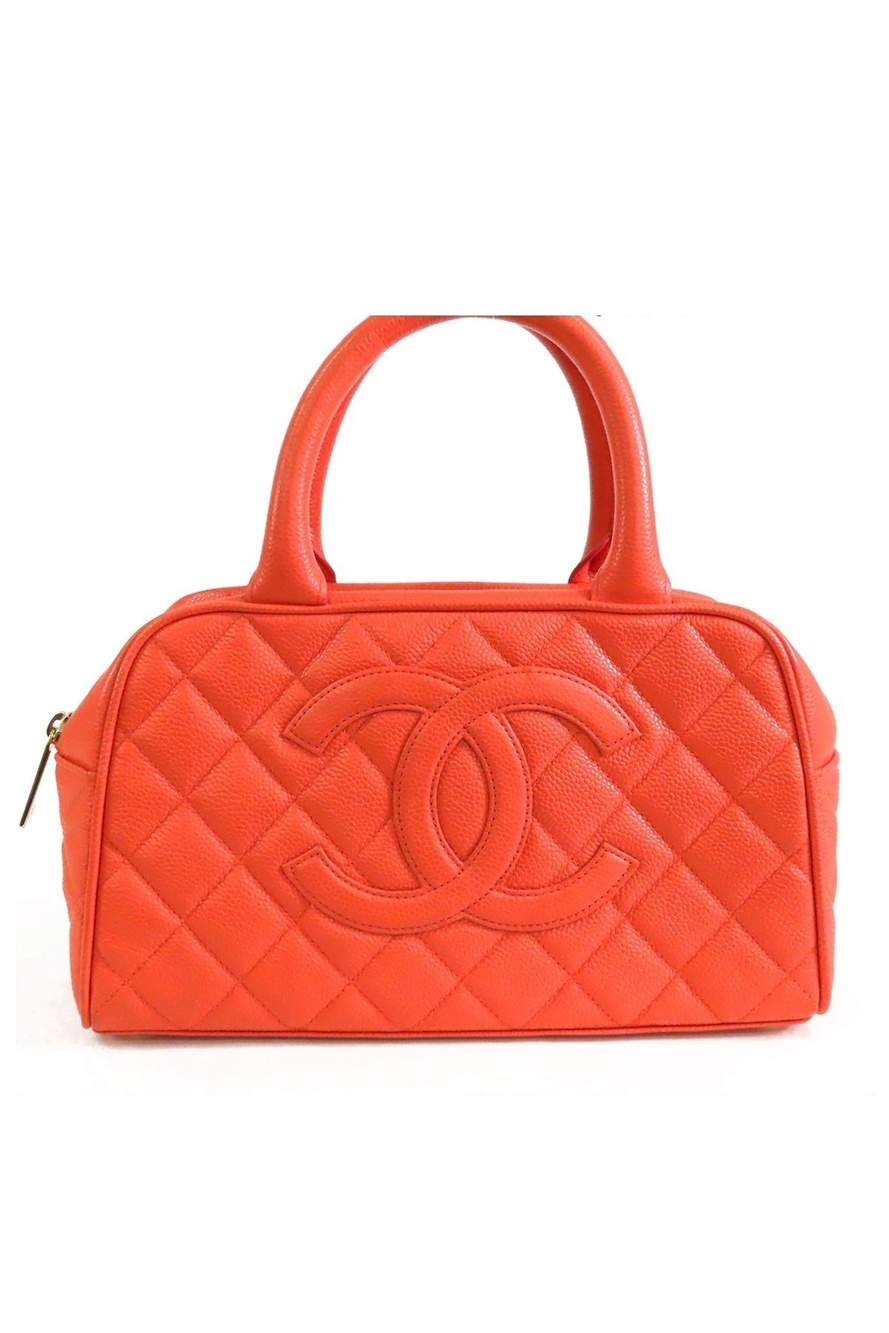 Chanel Mini Boston Bag Coral Gold Caviar Leather Quilted Stitching CC Logo